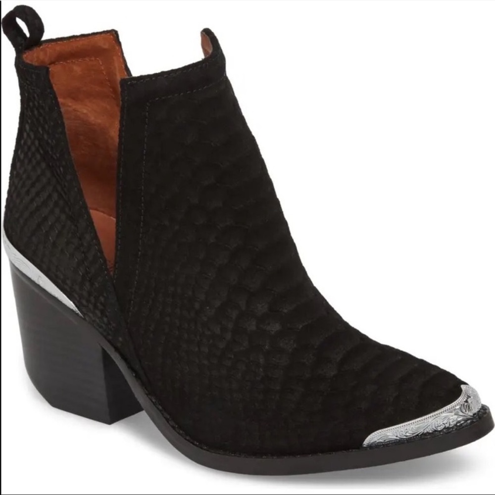 Jeffrey Campbell ,Cromwell, black suede leather embossed snake print ankle boots